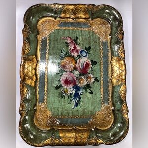 Vintage Italian Florence Golden Small Tray Hand Painted Marked Floral Wood 1940s